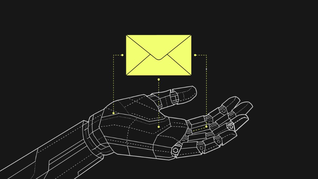 Wireframe robotic hand with yellow envelope—AI agents for business automation