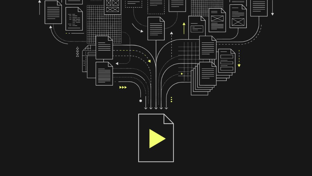 Abstract diagram: data and document icons funnel into one executable workflow with a yellow play button, AI agents in enterprise workflows