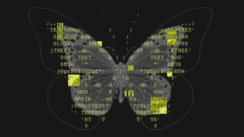 Digital butterfly of chartreuse ASCII text and data blocks—AI and digital transformation