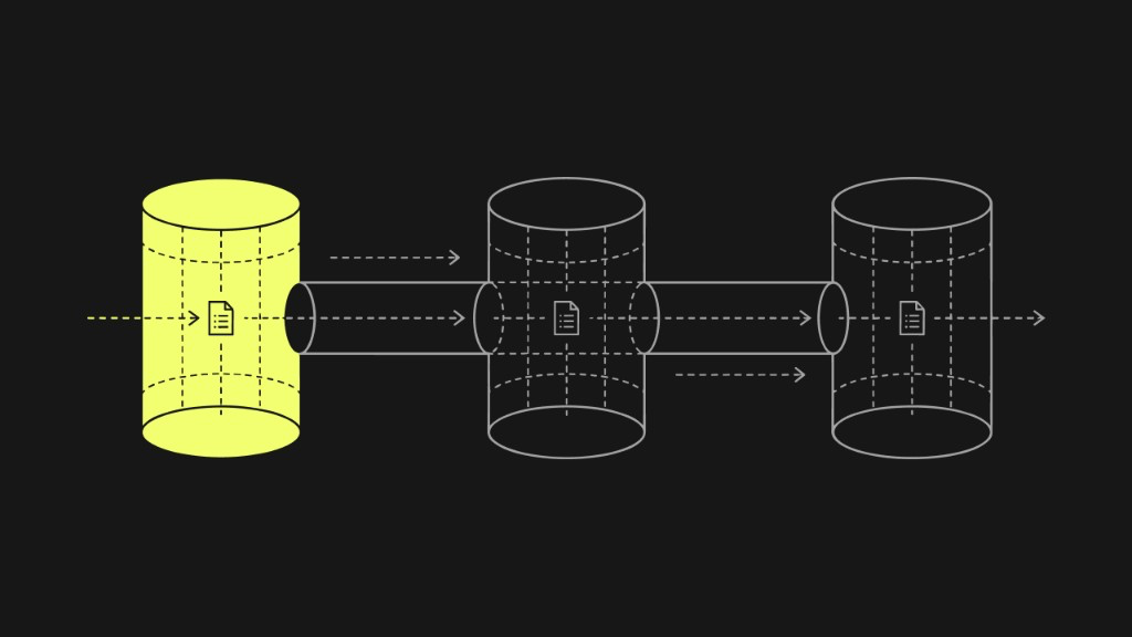 Diagram of three pipeline cylinders with document icons and flow arrows, AI for internal process automation