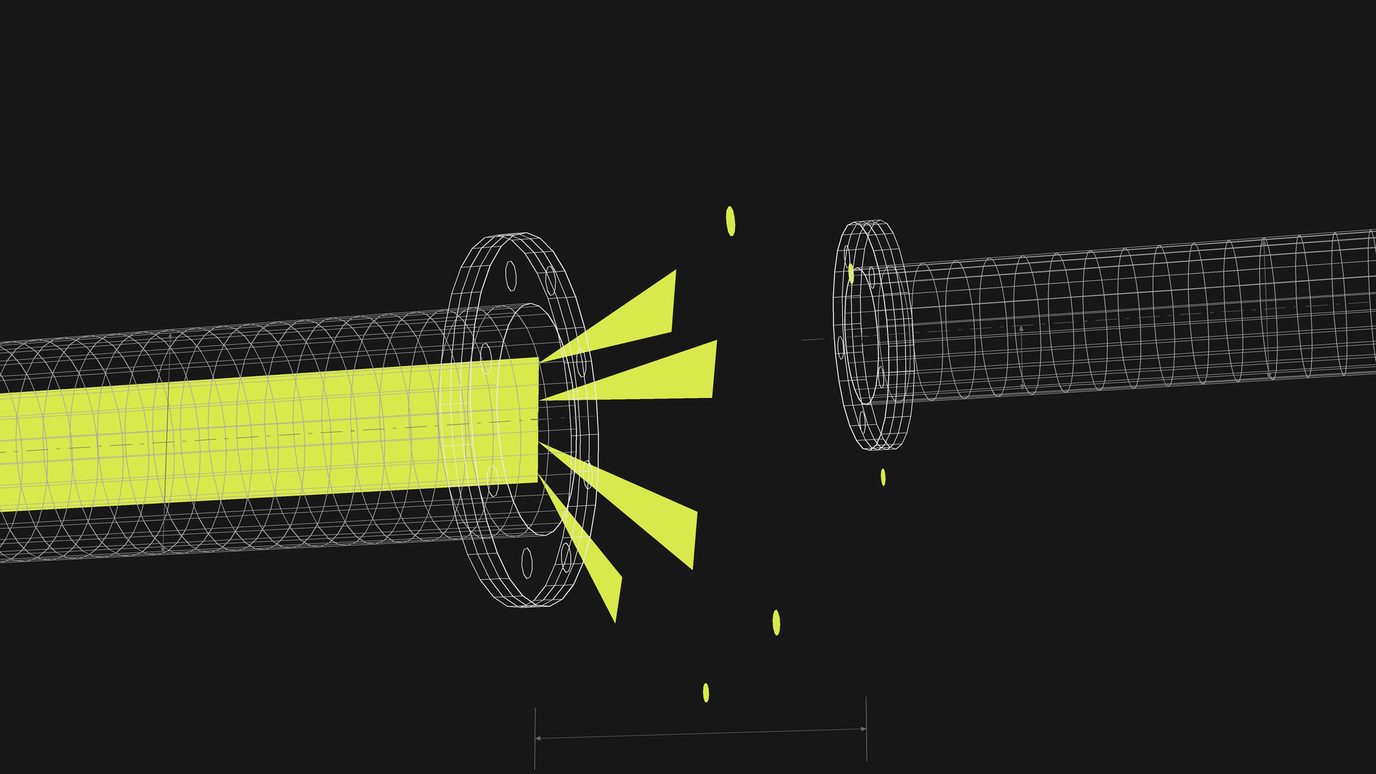 Two wireframe pipe flanges facing each other, with a lime flow stopping at the flange face and the gap between them marked by a dimension line