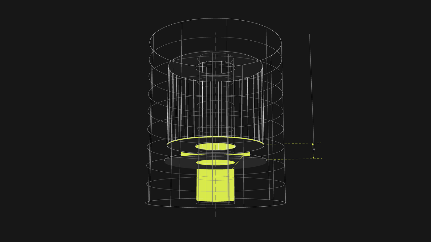 A tall wireframe cylinder of stacked rings with a narrower ribbed column inside, a solid lime cylinder at the base, and a lime measurement bracket marking the gap between two discs where the column meets it