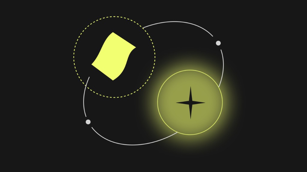 Abstract illustration: document and AI nodes on an orbital path, document automation