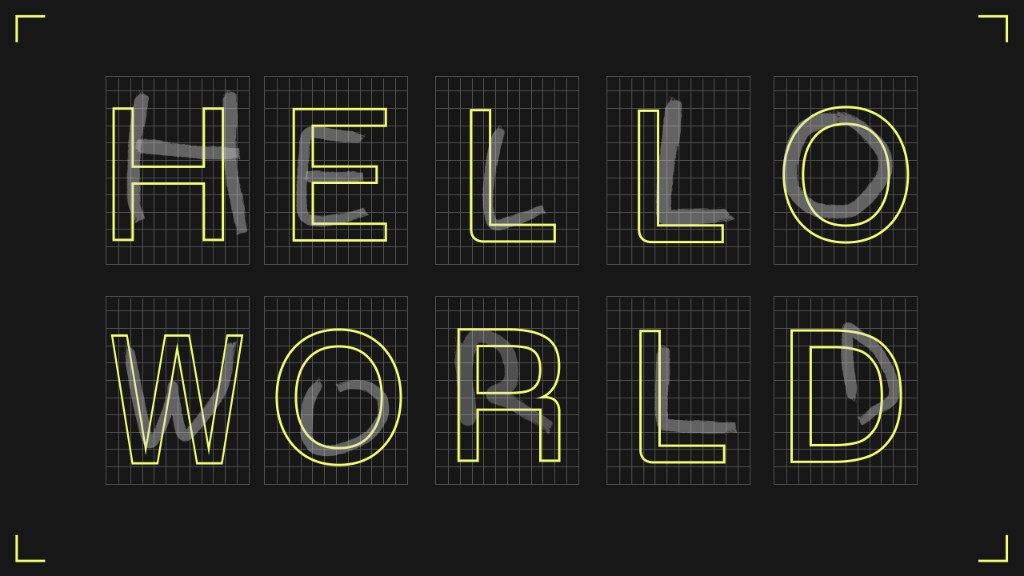 HELLO WORLD in yellow outlines on black grid—enterprise AI assistant and English as Code