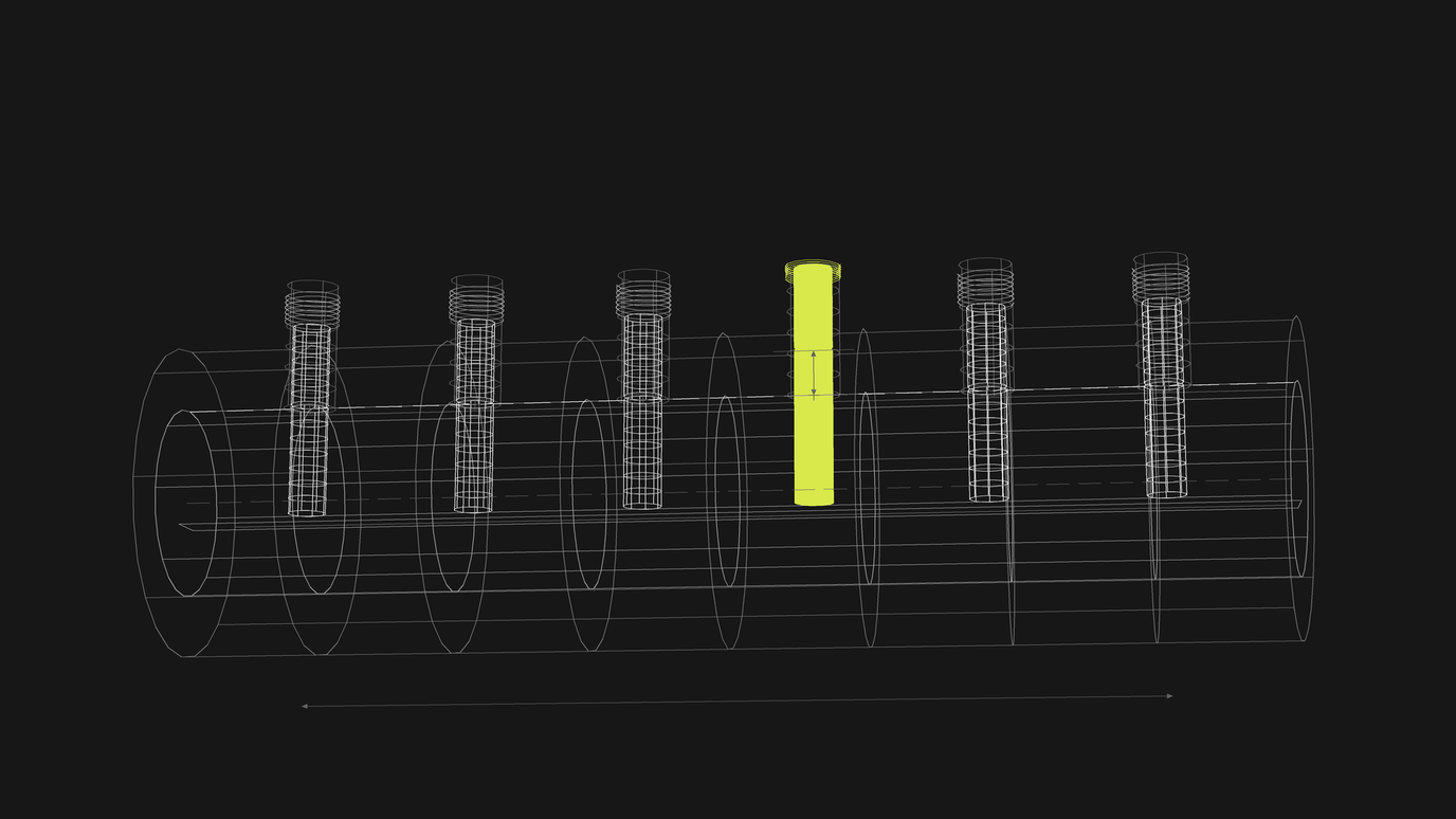 A wireframe cylinder with six identical threaded controls seated along it, one rendered solid lime with its depth of engagement dimensioned