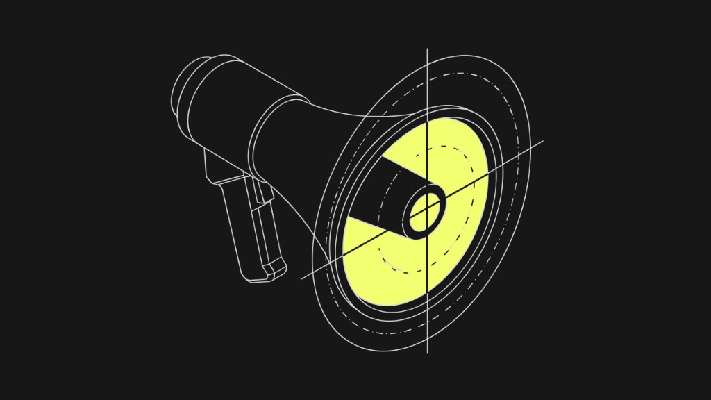 Marketing automation strategies—blueprint megaphone on dark background