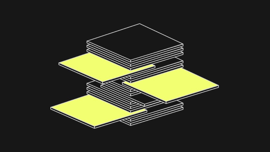 Process automation and AI, isometric technology stack with black, white, and pale yellow layers
