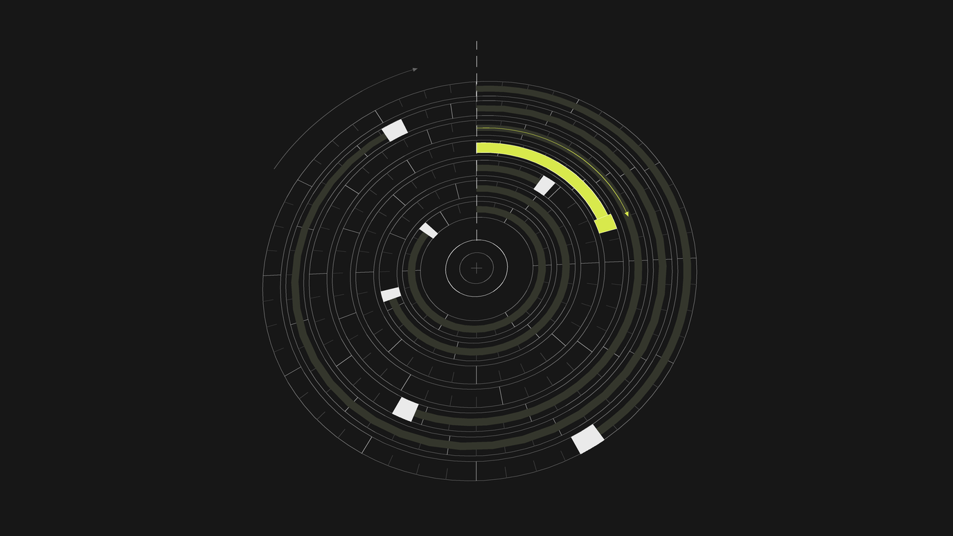 Concentric wireframe rings like a stack of clock faces, each carrying an arc that stops at a different point, with one lime arc advancing past the twelve o'clock line