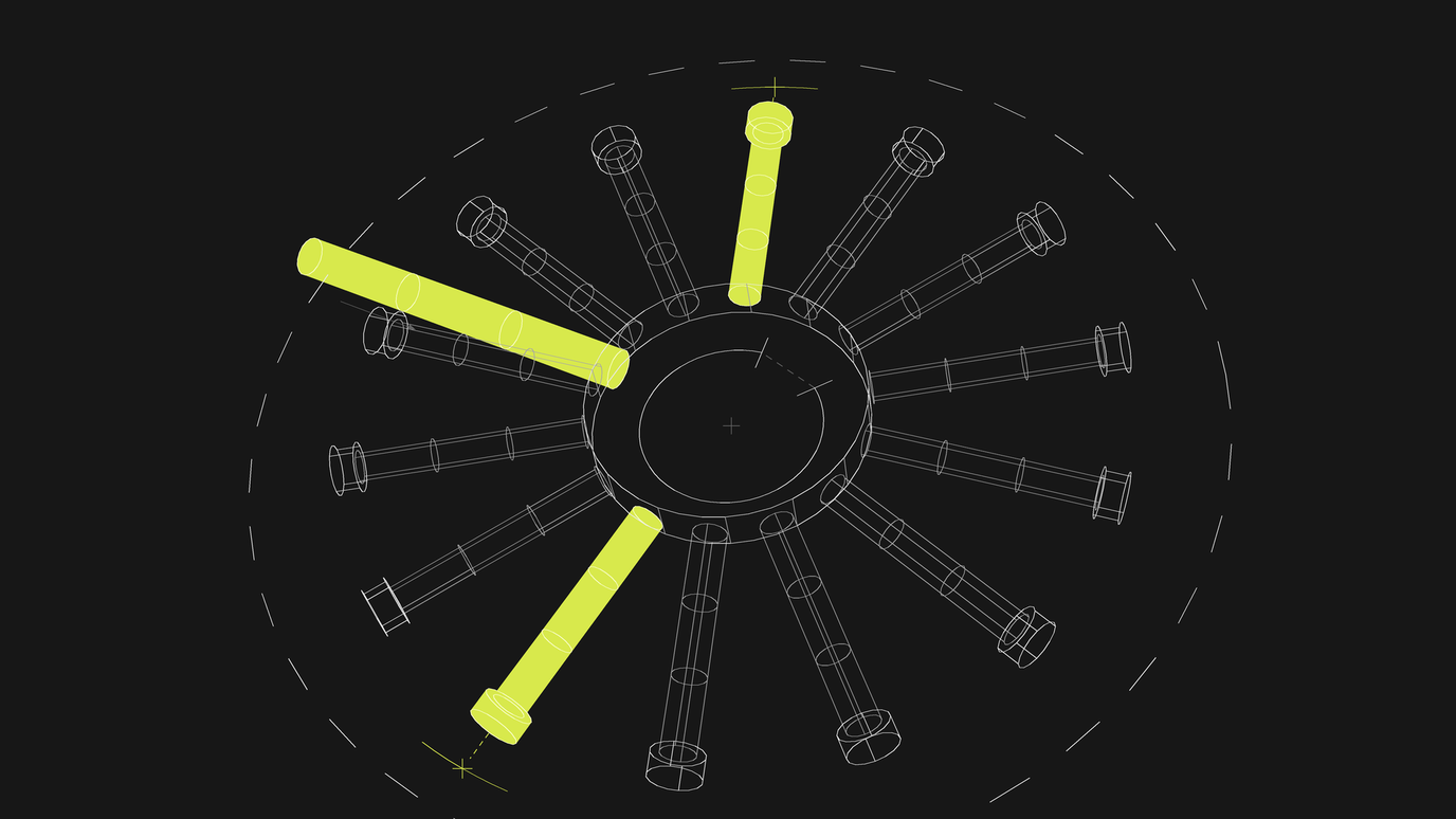 A wireframe ring hub with sixteen cylindrical bolts radiating outward inside a dashed circle, three of the bolts filled solid lime with crosshair markers