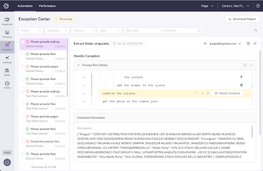 Image of Kognitos' Exception Center in HAL representing the auto-monitor stage of the hyperautomation lifecycle