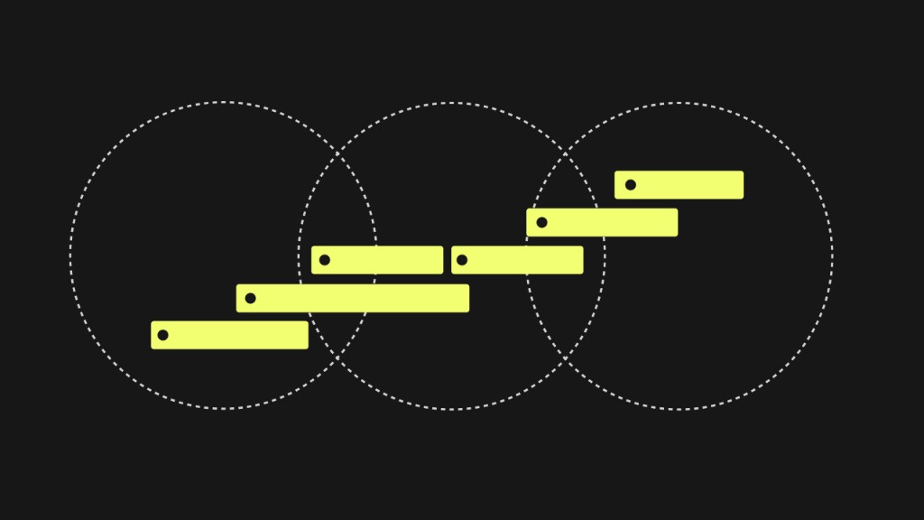Abstract diagram: yellow steps across dashed circles, representing AI automation for businesses and cross-system orchestration