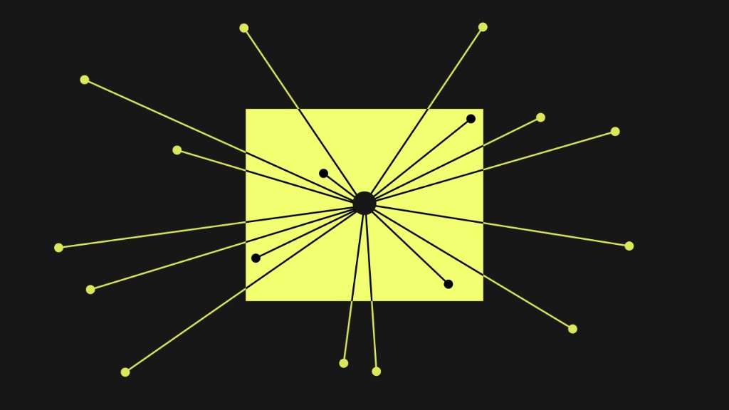 Abstract enterprise AI hub-and-spoke network on yellow square, representing non-invasive digital workforce orchestration